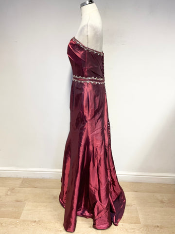 FOREVER YOURS DEEP RED TAFFETA JEWEL EMBELLISHED LONG EVENING DRESS/ BALL GOWN SIZE 10