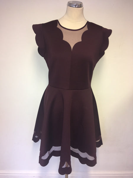 TED BAKER SHARLOT MAROON MESH INSERT SKATER DRESS SIZE 4 UK 14