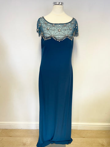 LM BY MIGNON TEAL MESH & JEWEL EMBELLISHMENT LONG EVENING DRESS SIZE 10 UK 14