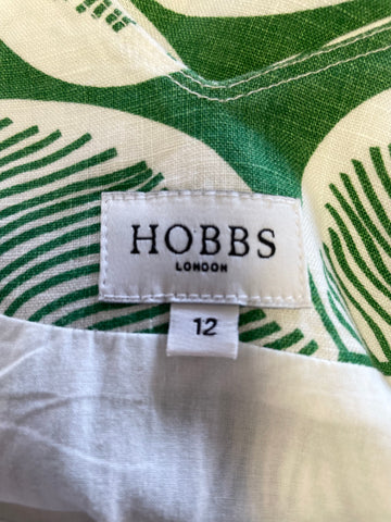 HOBBS GREEN & WHITE LEAF PRINT LINEN SLEEVELESS A LINE DRESS SIZE 12