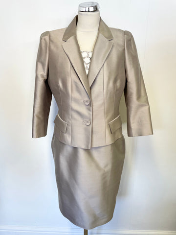HOBBS INVITATION OYSTER BEIGE WITH WHITE CROCHET LACE TRIM PENCIL DRESS & JACKET SUIT SIZE 14