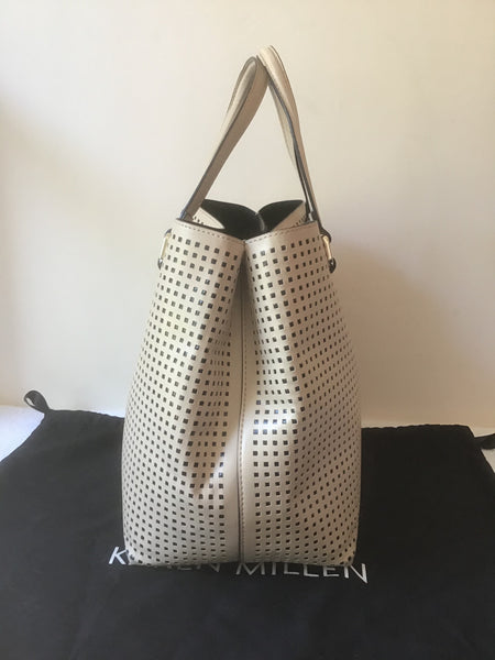 KAREN MILLEN CREAM BLACK LINED HOLE PUNCHED LEATHER TOTE/ HAND BAG