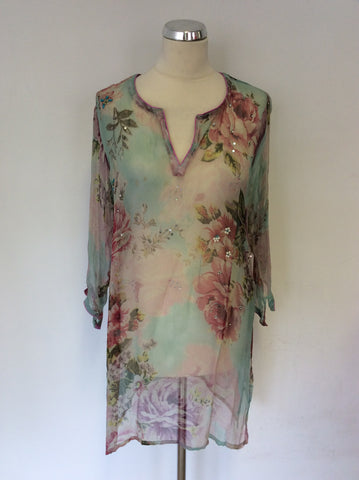 LINI MINT GREEN & PINK FLORAL PRINT EMBELLISHED SILK BEACH COVER UP/ TOP SIZE 10