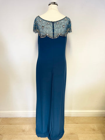 LM BY MIGNON TEAL MESH & JEWEL EMBELLISHMENT LONG EVENING DRESS SIZE 10 UK 14