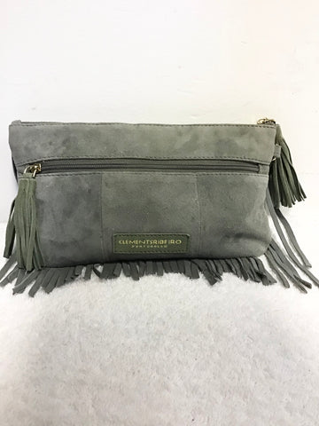 CLEMENTS RIBEIRO GREY SUEDE TASSLED FRINGE CLUTCH BAG