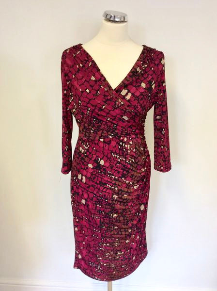 GINA BACCONI RED PRINT STRETCH WRAP ACROSS PENCIL DRESS SIZE 12 Whispers Dress Agency GINA BACCONI RED PRINT STRETCH WRAP ACROSS PENCIL DRESS SIZE 12 Whispers Dress Agency