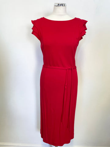 JAEGER RED STRETCH JERSEY FRILL CAP SLEEVED TIE BELT PENCIL DRESS SIZE 12