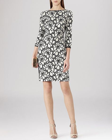 REISS ANABELLA BLACK WHITE FLORAL LACE PENCIL DRESS SIZE 10