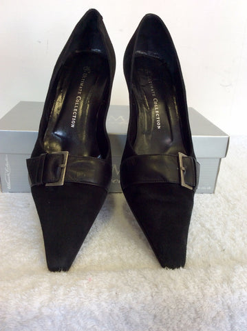 ULTIMATE COLLECTION BLACK SUEDE & LEATHER BUCKLE TRIM HEELS SIZE 7.5/41