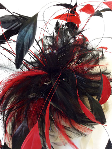 GET AHEAD HATS BLACK & RED FEATHER FASCINATOR WITH SILVER CRYSTALS