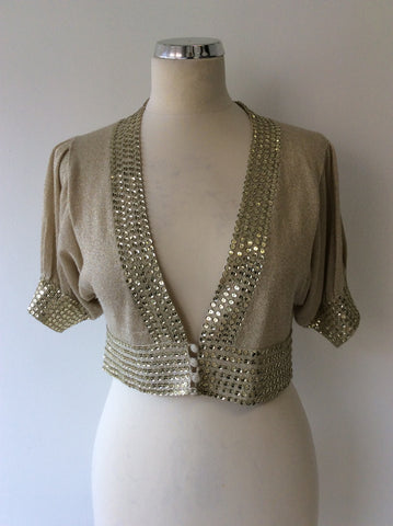 MONSOON PALE GOLD GLITTER SEQUIN TRIM BOLERO CARDIGAN SIZE S - Whispers Dress Agency - Womens Knitwear - 1