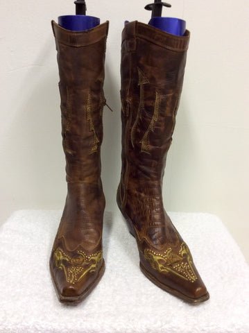 ANDREA MODA BROWN LEATHER COWBOY BOOTS SIZE 6/39 - Whispers Dress Agency - Sold - 1