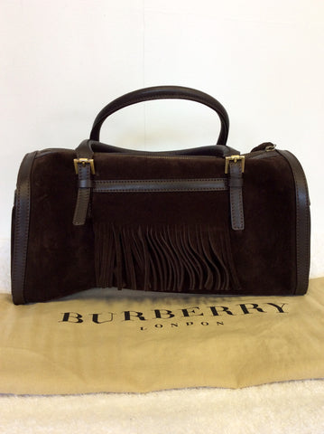 BURBERRY DARK BROWN SUEDE & LEATHER TRIM FRINGED HAND BAG - Whispers Dress Agency - Handbags - 4