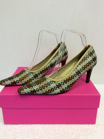 MULBERRY DUCK EGG & BROWN LEATHER WEAVE HEELS SIZE 6/39.5