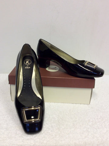 BRAND NEW K BY CLARKS BLACK PATENT LEATHER BUCKLE TRIM HEELS SIZE 5/38