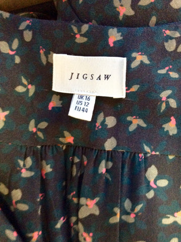 JIGSAW GREEN & PINK FLORAL PRINT TEA DRESS SIZE 16