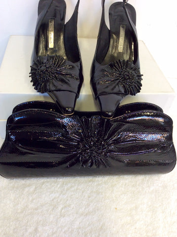 GINO VAELLO BLACK PATENT LEATHER SLINGBACK HEELS & MATCHING CLUTCH BAG SIZE 5/38