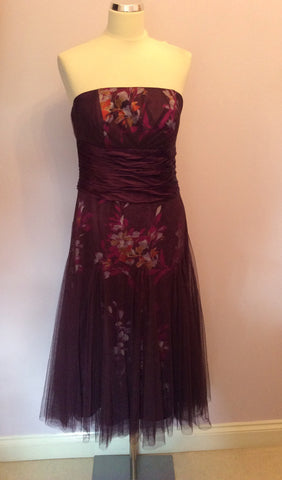 Monsoon Dark Purple Floral Print Net Overlay Strapless Dress Size 12 - Whispers Dress Agency - Womens Dresses - 1