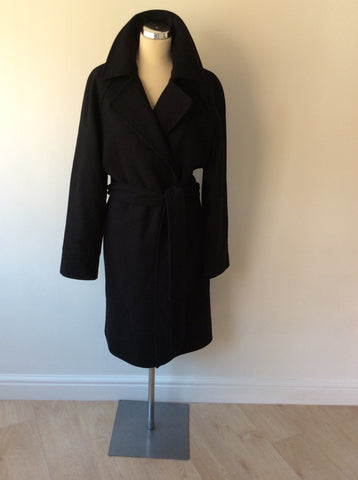 JAEGER BLACK WOOL BLEND BELTED KNEE LENGTH COAT SIZE 16 - Whispers Dress Agency - Sold - 1