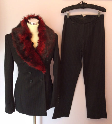 Karen Millen Black Wool With Detachable Red Faux Fur Collar Trouser Suit Size 10 - Whispers Dress Agency - Sold - 1