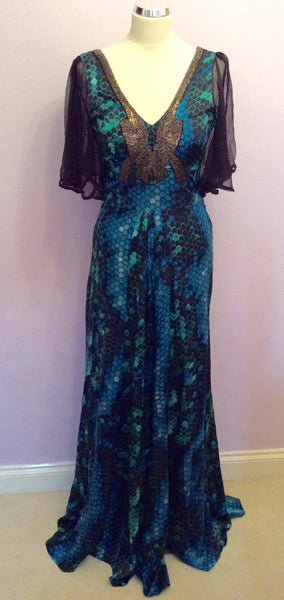 Brand new Biba blue green silk beaded trim long dress size