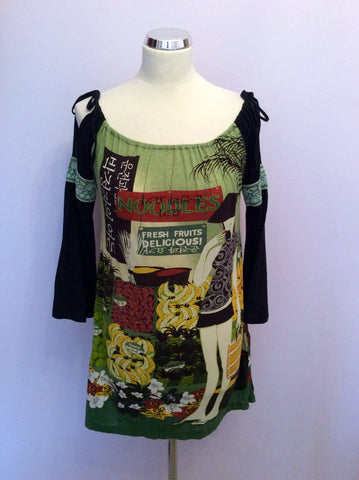 Custo Black & Green Print Wide Neck Top Size 2 UK 10/12 - Whispers Dress Agency - Womens Tops - 1
