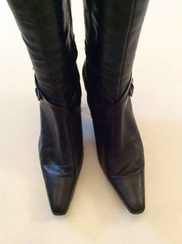 DOLCIS BLACK LEATHER BUCKLE TRIM KNEE LENGTH BOOTS SIZE 6/39 - Whispers Dress Agency - Womens Boots - 3