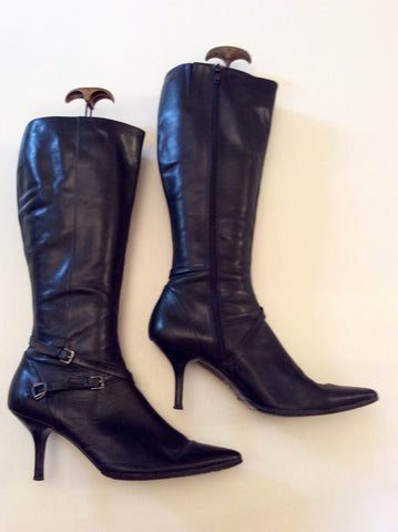 DOLCIS BLACK LEATHER BUCKLE TRIM KNEE LENGTH BOOTS SIZE 6/39 - Whispers Dress Agency - Womens Boots - 1