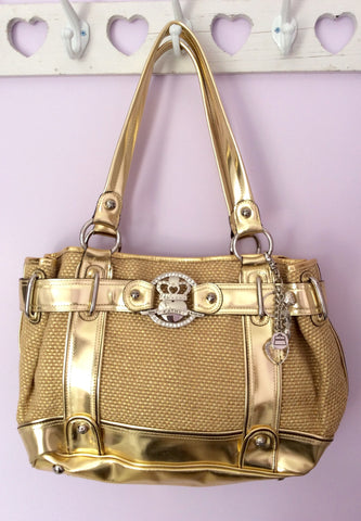 Kathy Van Zeeland Gold Straw And Artificial Leather Shoulder Bag - Whispers Dress Agency - Sold - 1