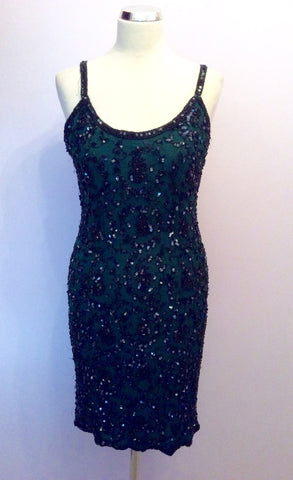 Monsoon Dark Green Silk With Black Beads & Sequins Cocktail Dress Size 14 - Whispers Dress Agency - Sold - 1
