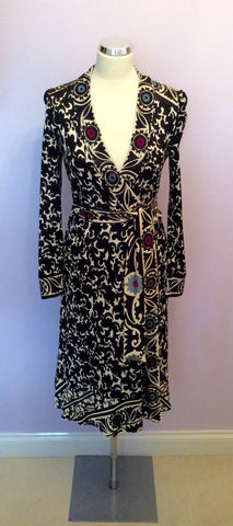 Diane Von Furstenberg Black & Ivory Print Silk Wrap Dress Size 10 - Whispers Dress Agency - Sold - 1