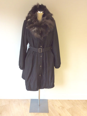 BRIEFING BLACK FOX FUR TRIM MAC/ COAT SIZE 44 UK 16 - Whispers Dress Agency - Womens Coats & Jackets - 1