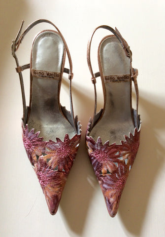 GINO VAELLO PINK FLOWER METALLIC SLINGBACK SLINGBACK HEELS SIZE 5/38 - Whispers Dress Agency - Womens Heels - 1