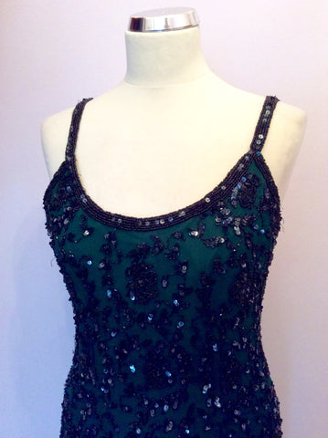 Monsoon Dark Green Silk With Black Beads & Sequins Cocktail Dress Size 14 - Whispers Dress Agency - Sold - 2