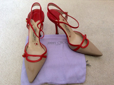 Jimmy Choo Red Leather & Beige Canvas Strappy Heels Size 5/38 - Whispers Dress Agency - Sold - 1