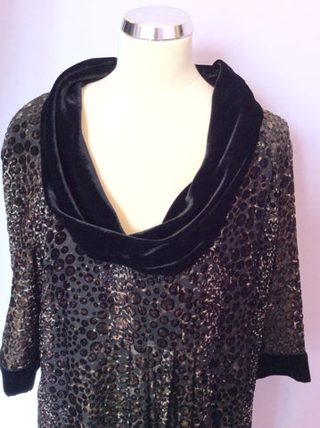 Jaeger Brown Silk Print With Black Velvet Trim Dress Size 16 - Whispers Dress Agency - Sold - 2