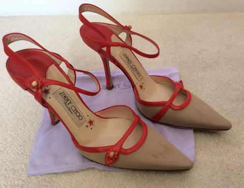 Jimmy Choo Red Leather & Beige Canvas Strappy Heels Size 5/38 - Whispers Dress Agency - Sold - 3