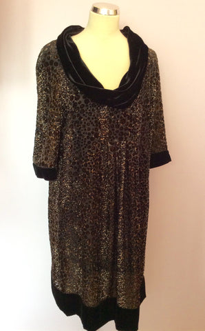 Jaeger Brown Silk Print With Black Velvet Trim Dress Size 16 - Whispers Dress Agency - Sold - 3