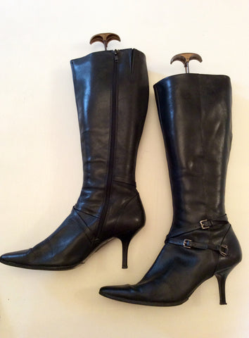DOLCIS BLACK LEATHER BUCKLE TRIM KNEE LENGTH BOOTS SIZE 6/39 - Whispers Dress Agency - Womens Boots - 2