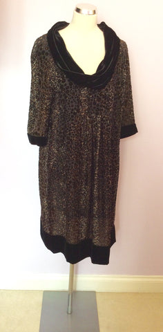 Jaeger Brown Silk Print With Black Velvet Trim Dress Size 16 - Whispers Dress Agency - Sold - 1