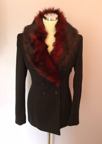 Karen Millen Black Wool With Detachable Red Faux Fur Collar Trouser Suit Size 10 - Whispers Dress Agency - Sold - 2