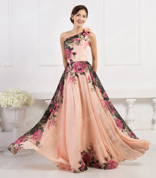 Brand New Grace Karin Peach Floral One Shoulder Chiffon Ballgown Size 16  Fit 14