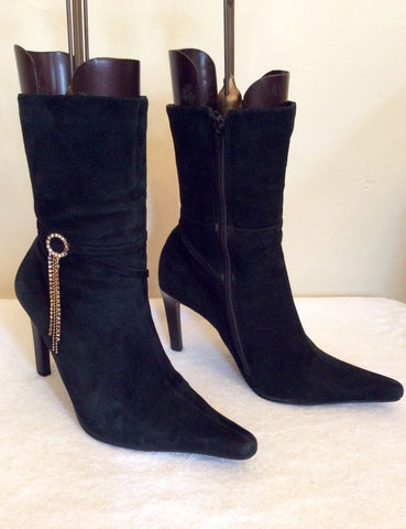Lipsy Black Suede & Diamanté Trim Heeled Ankle Boots Size 6/39 - Whispers Dress Agency - Womens Boots - 1