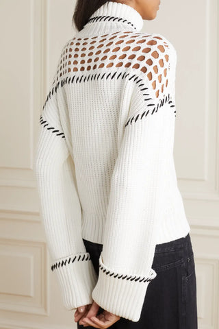 STAUD LILLIAN IVORY & NAVY STITCH TRIM CHUNKY RIB KNIT LONG SLEEVED JUMPER SIZE M