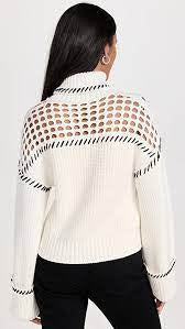 STAUD LILLIAN IVORY & NAVY STITCH TRIM CHUNKY RIB KNIT LONG SLEEVED JUMPER SIZE M