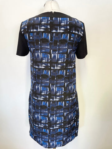JIGSAW BLACK & BLUE PRINT 100% SILK SHORT SLEEVED SHIFT DRESS SIZE 12