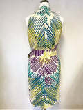 JAEGER MULTI COLOURED PRINT SLEEVELESS SASH BELTED SHIFT DRESS SIZE 14