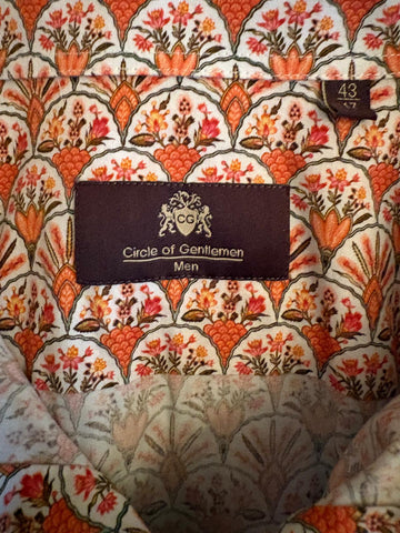 CIRCLE OF GENTLEMEN ORANGE PRINT LONG SLEEVED COTTON SHIRT SIZE 17"