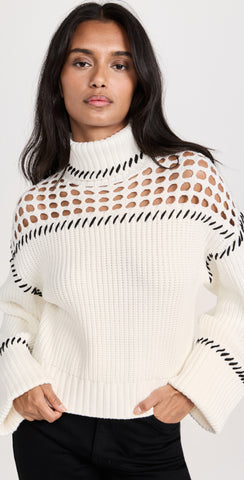 STAUD LILLIAN IVORY & NAVY STITCH TRIM CHUNKY RIB KNIT LONG SLEEVED JUMPER SIZE M