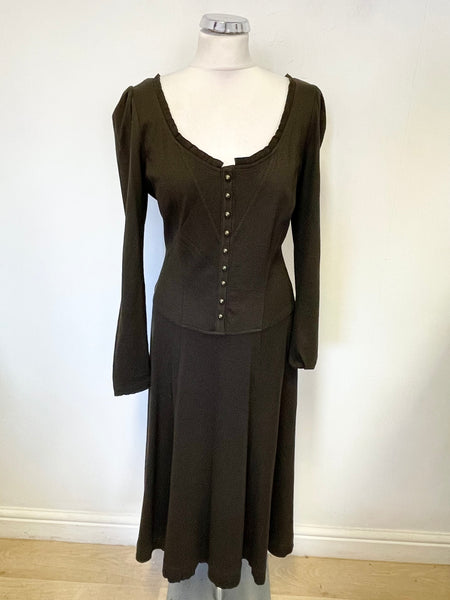 PERUVIAN CONNECTION BROWN PIMA COTTON & ALPACA LONG SLEEVED MIDI DRESS SIZE M